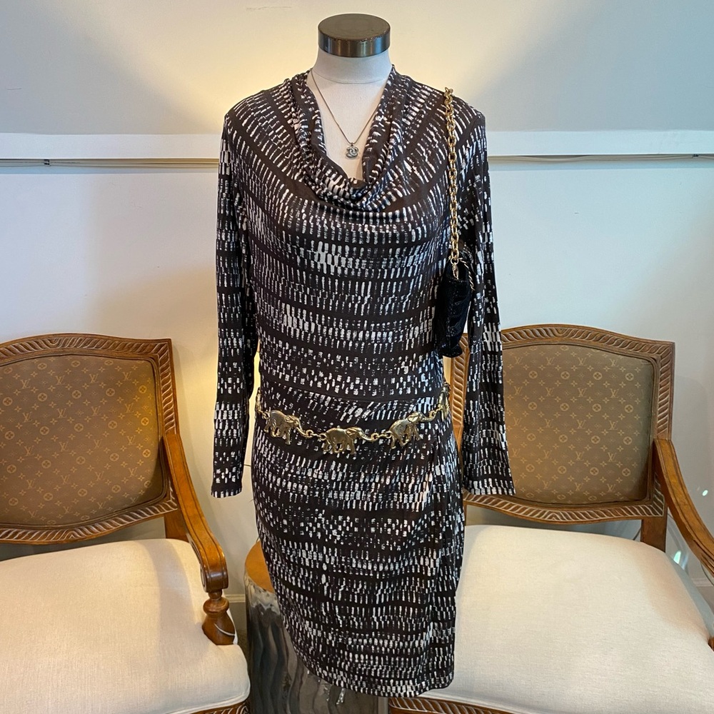 Kenneth Cole New York Black White Abstract Long Sleeve Dress, Cowl Neck Grunge